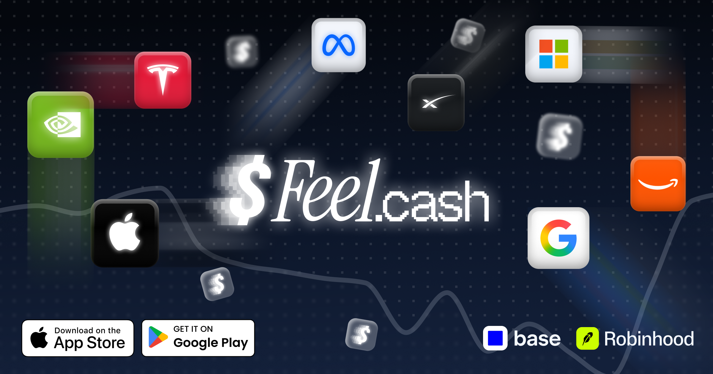 Feel.cash with company icons, Base and Robinhood branding, and app download badges
